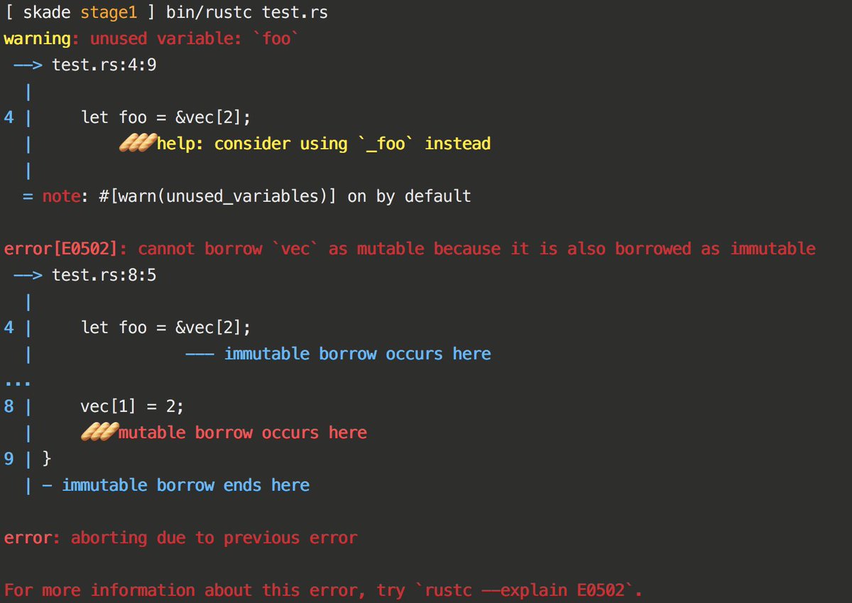 The error output of Rust, with "^" replaced by the unicode emoji for baguette.
