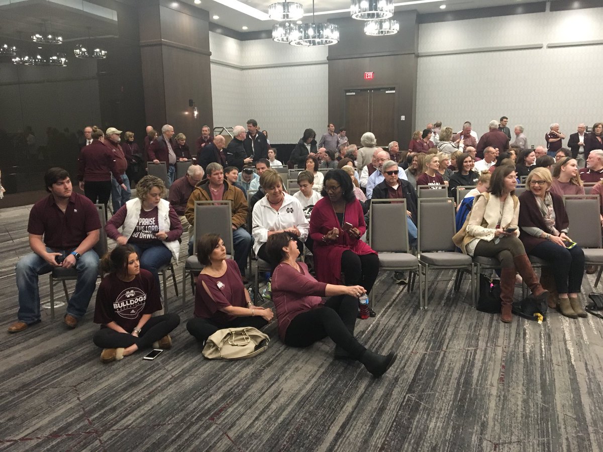 RobbyDonoho's tweet photo. Alright so this is awesome. An incredible amount of Mississippi State fans have crammed into the team hotel ballroom for an Easter service and they don’t have enough chairs for everyone. https://t.co/Qx9QAB4dqw