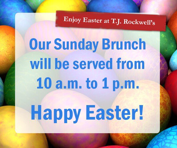 TJRockwells's tweet photo. Happy Easter!!

We’re open this morning serving our Sunday Brunch with Easter additions. Join us until 1 p.m. for all you care to enjoy brunch. 

We’re also serving our entire menu all day! https://t.co/nPhB3OaPW7