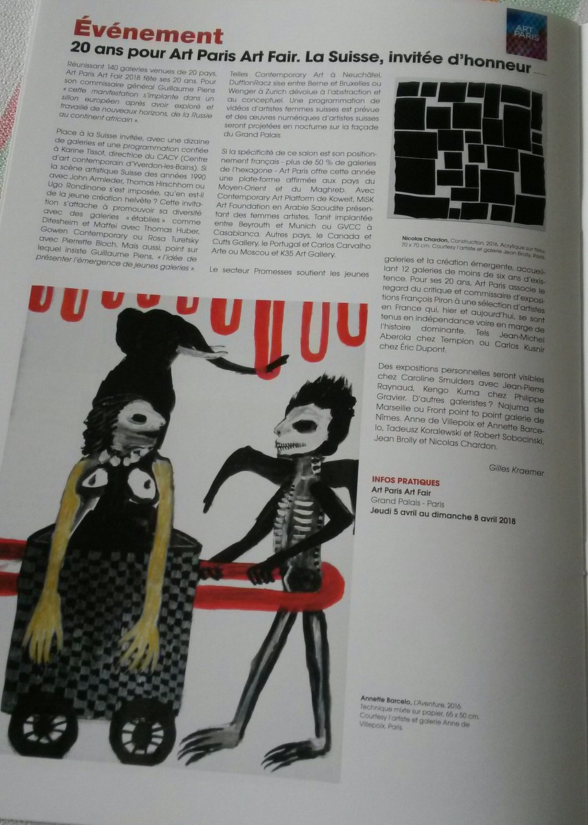PresseKraemer's tweet photo. mon article dans #artaissime #artcontemporain #GuillaumePiens #ArtParisArtFair @ArtParisArtFair #Suisse #Switzerland invitée d'honneur guest of honour pour ce salon fêtant ses 20 ans 20 years #anniversaire #TadeuszKoralewski #CACY @GrandPalaisRmn #artcontemporain https://t.co/i3ovHOJ2qg
