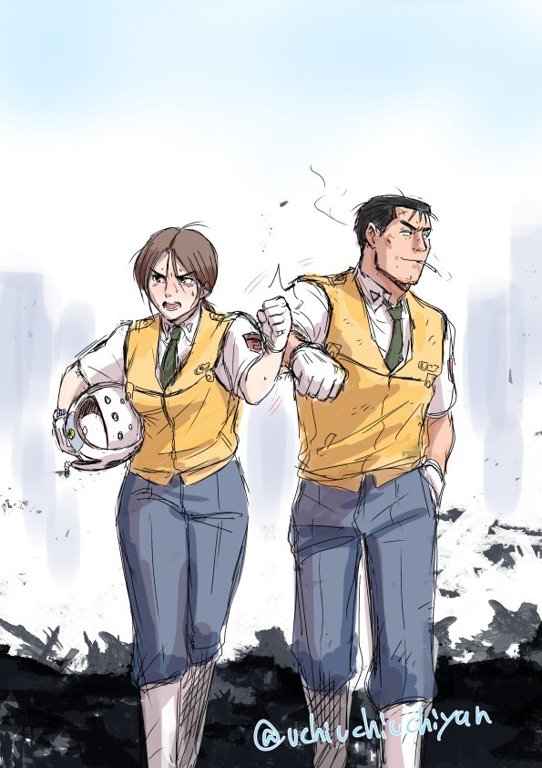 ウチやん 小道具とセットで使えるイラストポーズ集発売中 フォワード南雲 バックアップ後藤 知識と経験でボカスカジャンした相棒感のあるごとしのを描きました