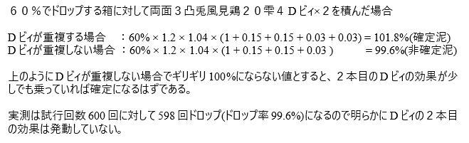 ゆゆたん トレハンメモ２８ Dビィの重複について Dビィを２本装備するとスキルの表記が ２になるため重複するように見える 実際は１本装備した際にドロップ率99 6 になるように調整して そこに２本目を足してもドロップ確定しないので２本目の効果は全く