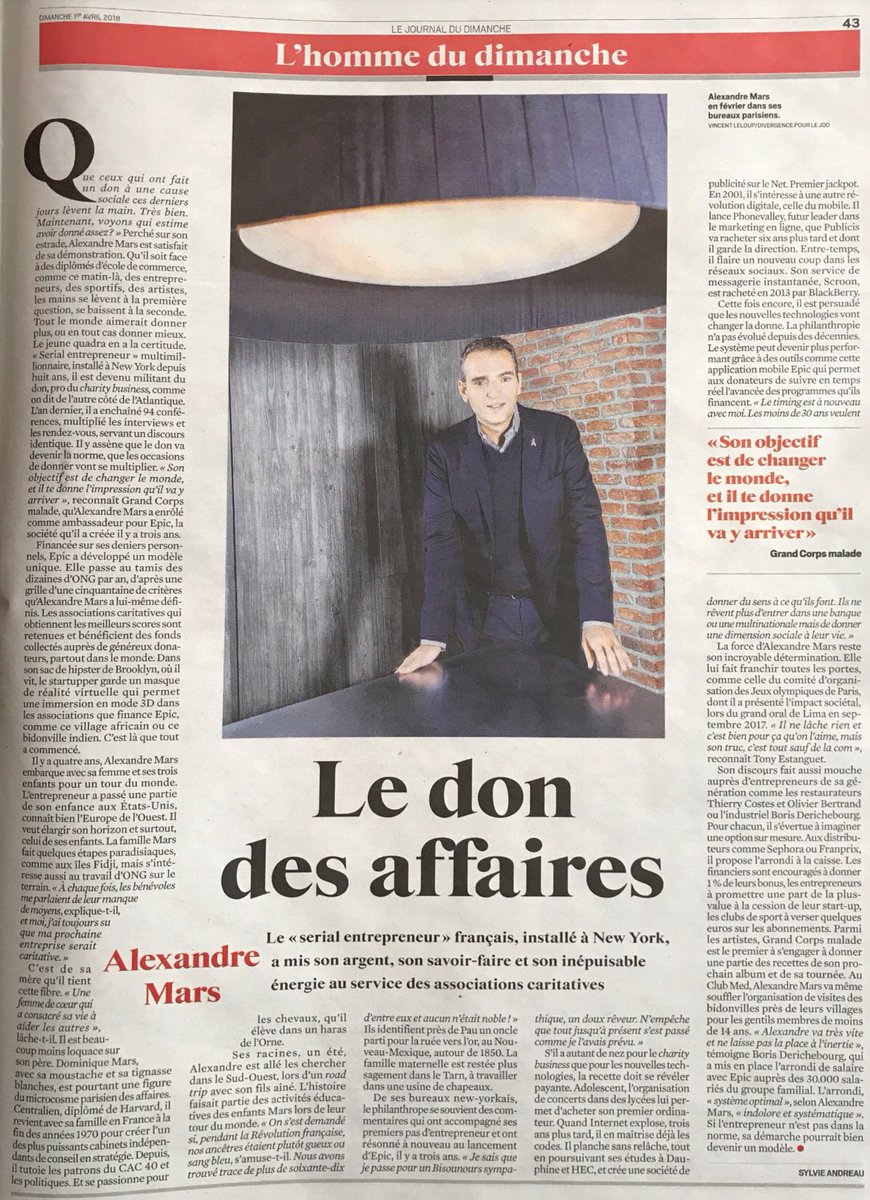 kpsara's tweet photo. [A lire] L’ #HommeduDimanche : portrait d’@alexandremars, fondateur et président d’ @Epic_Foundation, par Sylvie Andreau dans @leJDD. #revigorant #makegivingthenorm #BeEpic https://t.co/5DA0pm0OD4