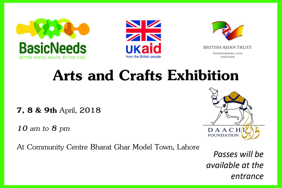 Visit us at #ArtsAndCraftsExhibition
#BasicNeedsPakistan #mentalhealthawareness #basicneedspakistan #mentalhealth #mashal #Lahore 
#WEE 
#TheBritishAsianTrust #DFID UK Department for International Development
