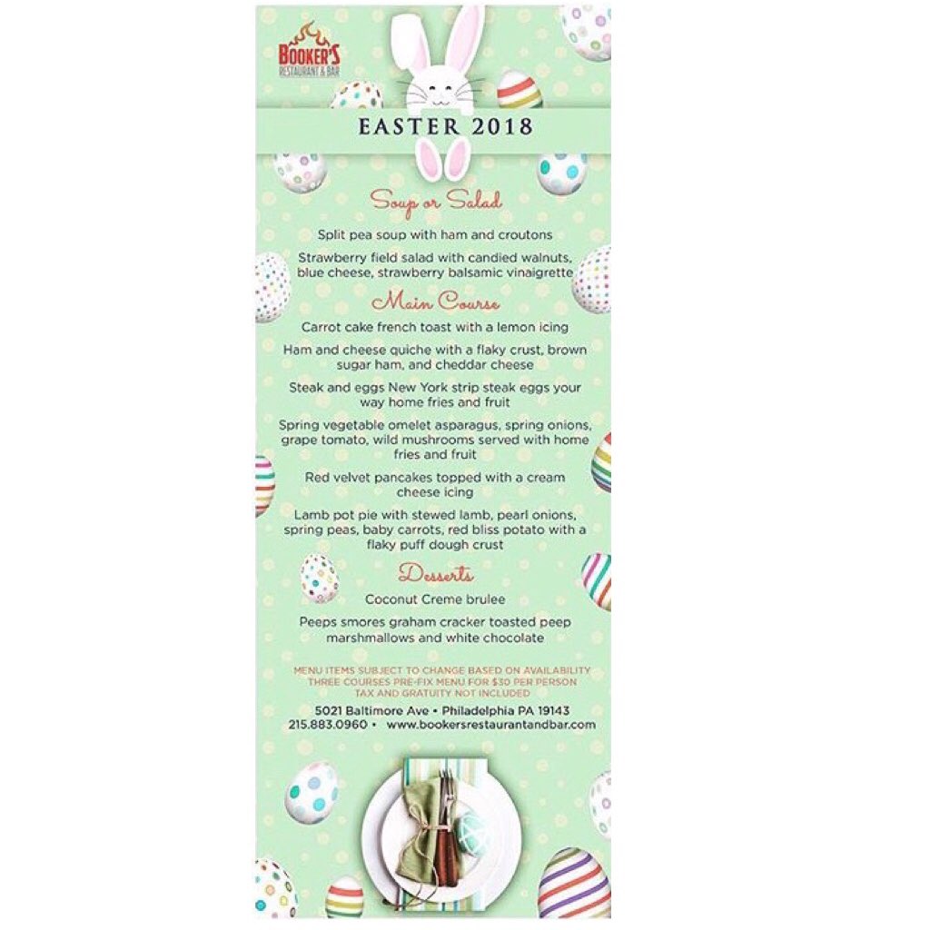 bookers_philly's tweet photo. Have a #HappyEaster and BRUNCH with US!
#VisitPhilly #Foodie #Philly #GreatFoodInPhilly #PhillyFood #LovePhillyFood  #FoodChaser #PhillyFoodie #whyilovephilly #peopledelphia #phillyfoodporn #Bar #YourLocalBar #Instadelphia #Nova #NovaMBB #BRUNCH #Easter https://t.co/EJJinrrDmD