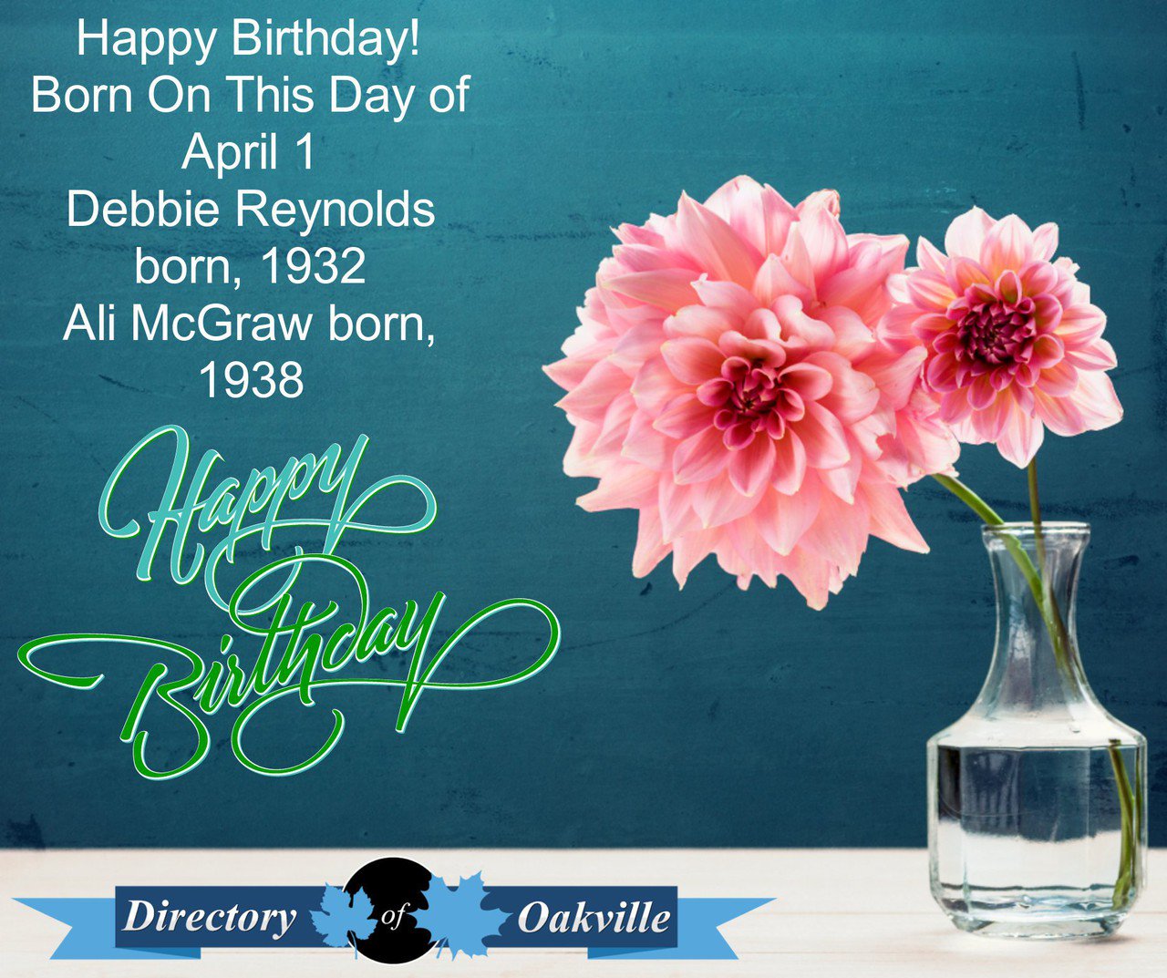 Happy Birthday! Born On This Day of April 1
Debbie Reynolds born, 1932
Ali McGraw born, 1938 