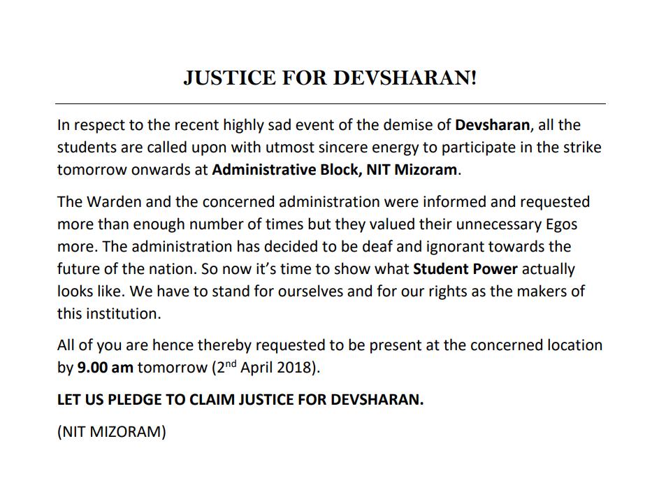 students_nitmz's tweet photo. #NITMZ_DEATH

Support us for giving Justice for the Departed soul due to pathetic NIT Administration.
We need your support. Please help us spread the atrocities we are dealing with.
@aajtak @NewsLiveGhy @airnews_aizawl @DY365 @CNNnews18 @News18Northeast @TheQuint @ZeeNews @ https://t.co/u6vtOJ0wDF