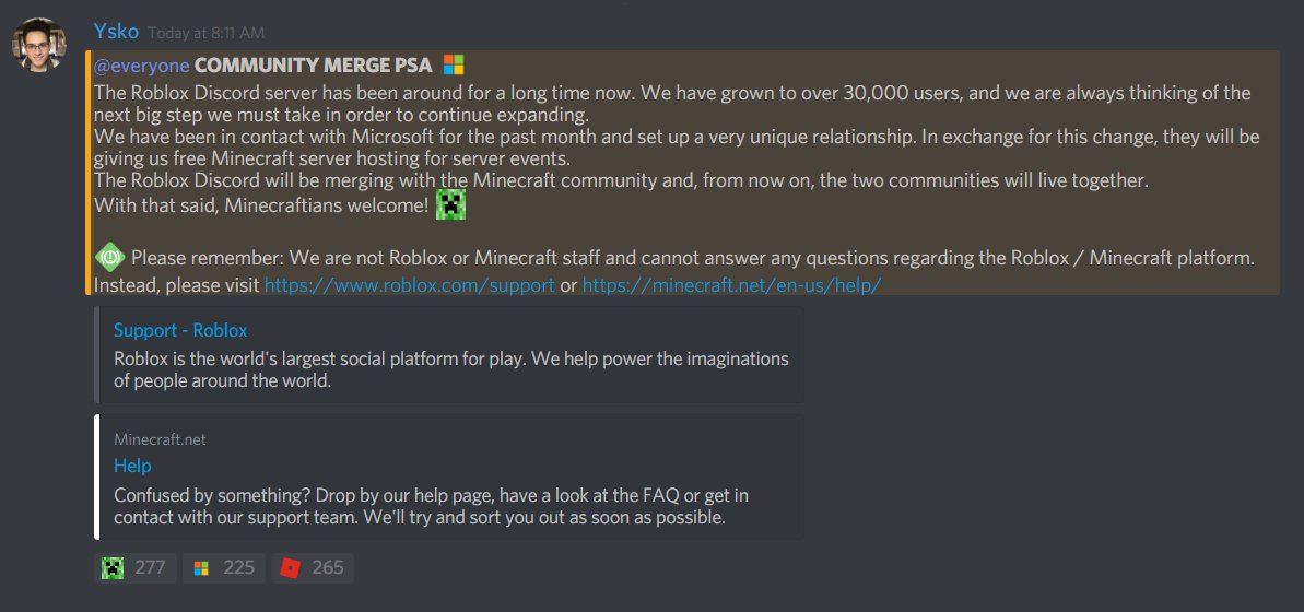 Bloxy News On Twitter Bloxyfakenews Breaking The Roblox Discord Is Merging With The Minecraft Server 2 Of Your Favorite Games All In One Place Feel Free To Join Here Https T Co Nakdws1lkb - free roblox followers discord