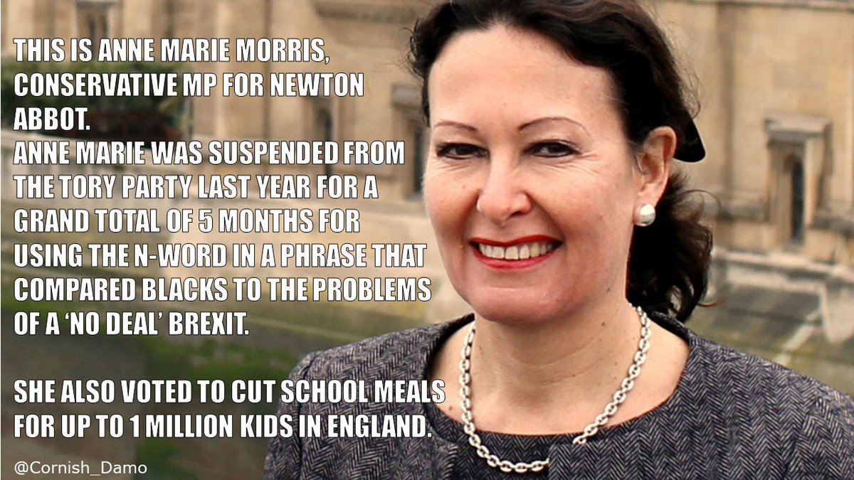 Anne Marie Morris hit the headlines last year for using a racist slur so casually she didn't realise she'd even done it. Media furore ensured the Tories had to act on it, but she had the whip back within just 5 months...#JCsArmyOfHate #FreeSchoolMeals #TheresaMayTakesDinnersAway