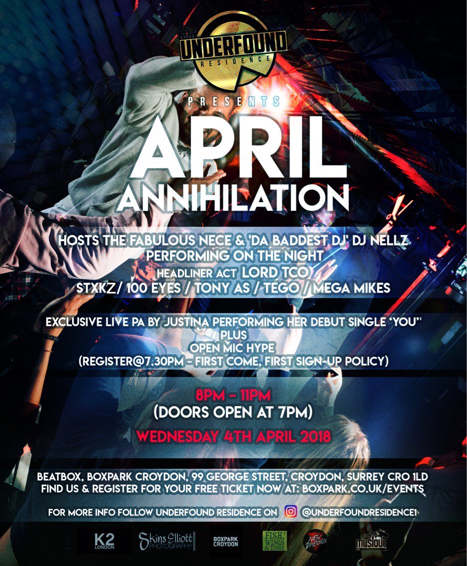 Yo Yo Yo ! Catch me performing live at BOX PARK, CROYDON. This  Wednesday 4th April! EVERYONE HEAD DOWN AND SUPPORT! Performing 'Roll In Roll Out', 'Blow', 'Walking Thesaurus' + MORE! #lordtco