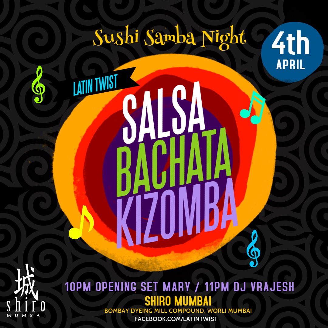 latin_twist's tweet photo. Enhance your dancing . . . 
Wed Night at Shiro! 
10PM Opening Set by Mary 
11PM DJ Vrajesh 🎧
#Wed4April 
#salsawednesday #bachatadancing 
#kizombaaddiction . . . LET’S GO 🕺💃🏻 @ExperienceShiro 
#socialdancing #mumbai https://t.co/qWTCMlTcm5