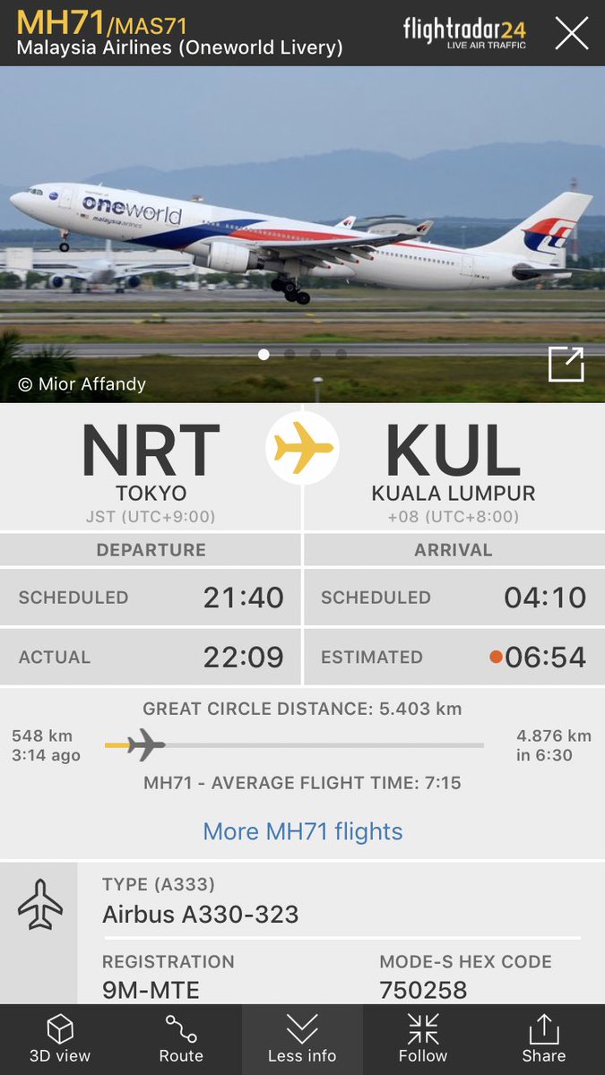 FlightIntl's tweet photo. Malaysia Airlines flight #MH71 from Tokyo (NRT) to Kuala Lumpur made a U-turn and is diverting/returning https://t.co/iMYexNqM75 https://t.co/J681sXNcyU