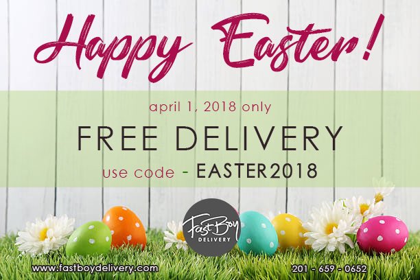 FastBoyDelivery's tweet image. This ain't no April Fools' Day joke! Enjoy your Easter Sunday by choosing from any of our restaurants and get your food delivered to you for FREE! Promo valid only for today April 1, 2018 🐰

Don't forget to use the code EASTER2018 

fastboydelivery.com
201-659-0652