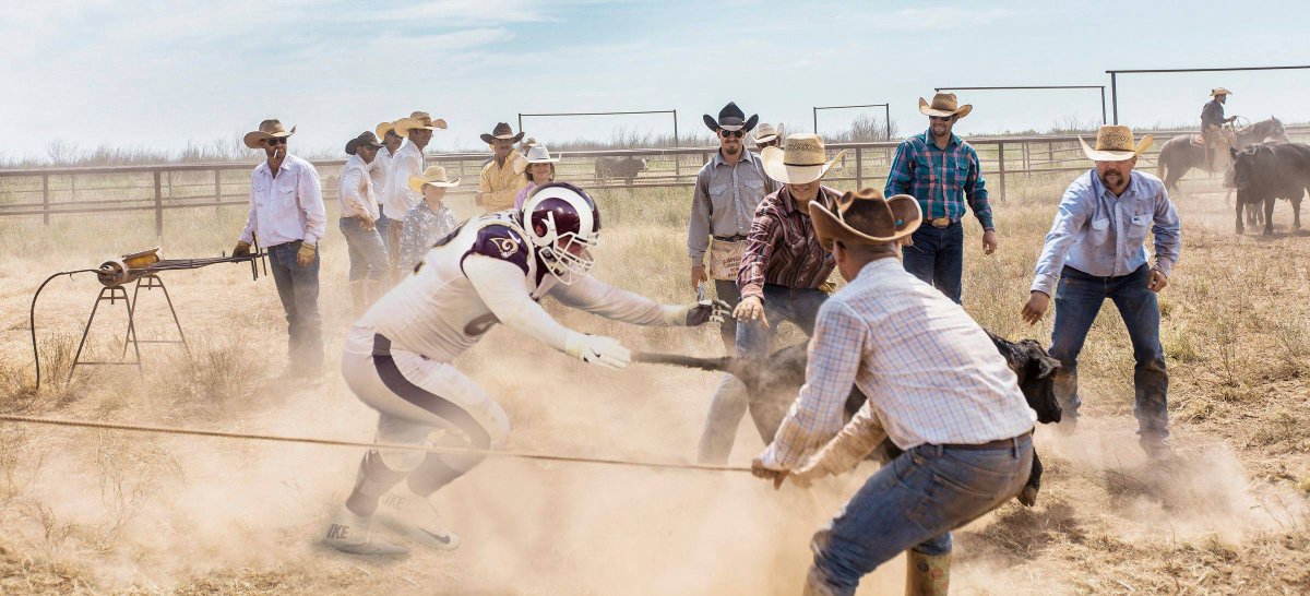 LA Rams training on Waggoner Ranch. Kroenke:"Last year we were so close to winning the Super Bowl. I figured getting these spoiled, overpaid football players out on the ranch doing some real work might finally get us the Super Bowl ring next season."more: bit.ly/2Jd3NpG