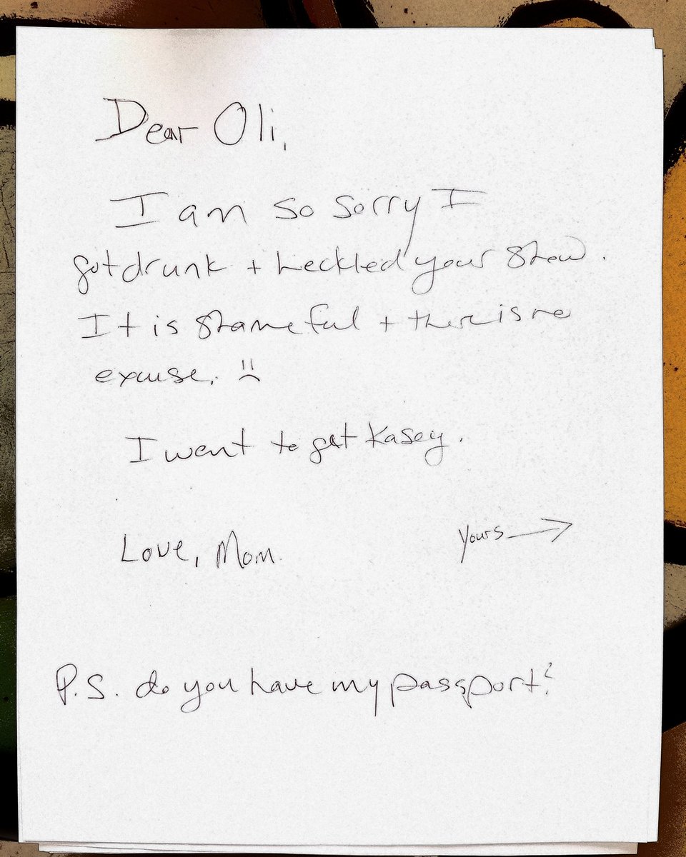 Last night I was a guest improviser at a theater I'd never played at before with people I'd never played with before. I made a simple request of my mother: to not get drunk with her friend and heckle my show. Her friend honored my request.