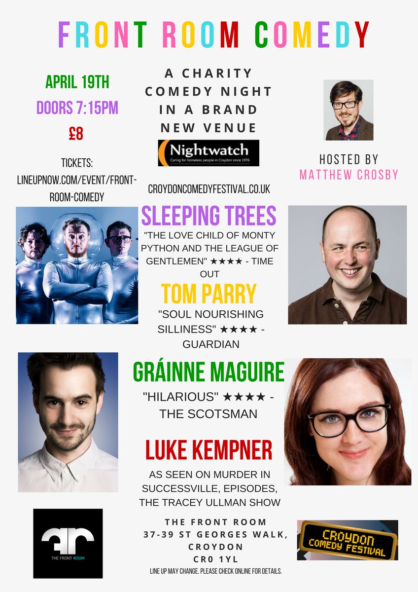 Book tickets now for the first event at #TheFrontRoom
A new performance space in #Croydon
A charity #Comedy night, only £8!!
lineupnow.com/event/front-ro…