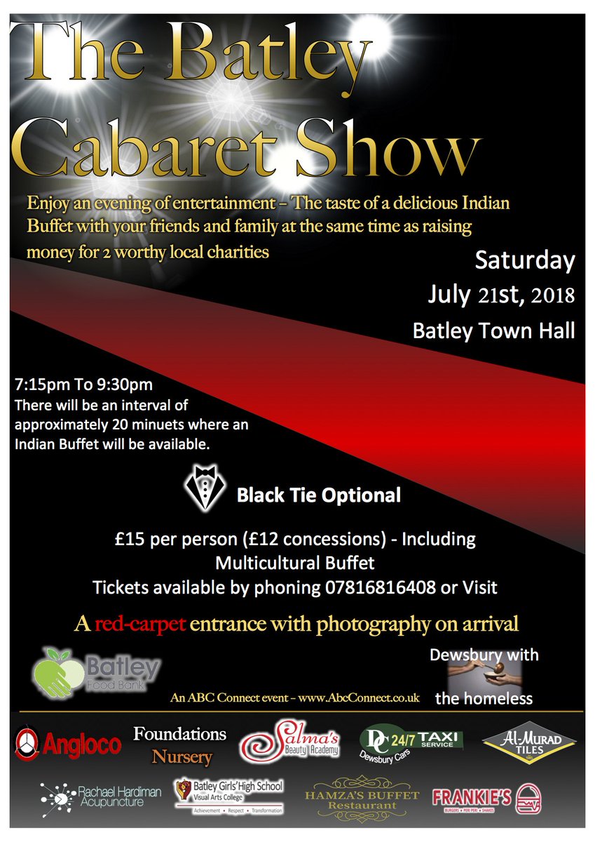 WOW! fabulous!!! @Al_Murad_Tiles and @Frankiesburgers have both agreed to be sponsors of the cabaret show. Wonderful support from local businesses. #Batley #Charity