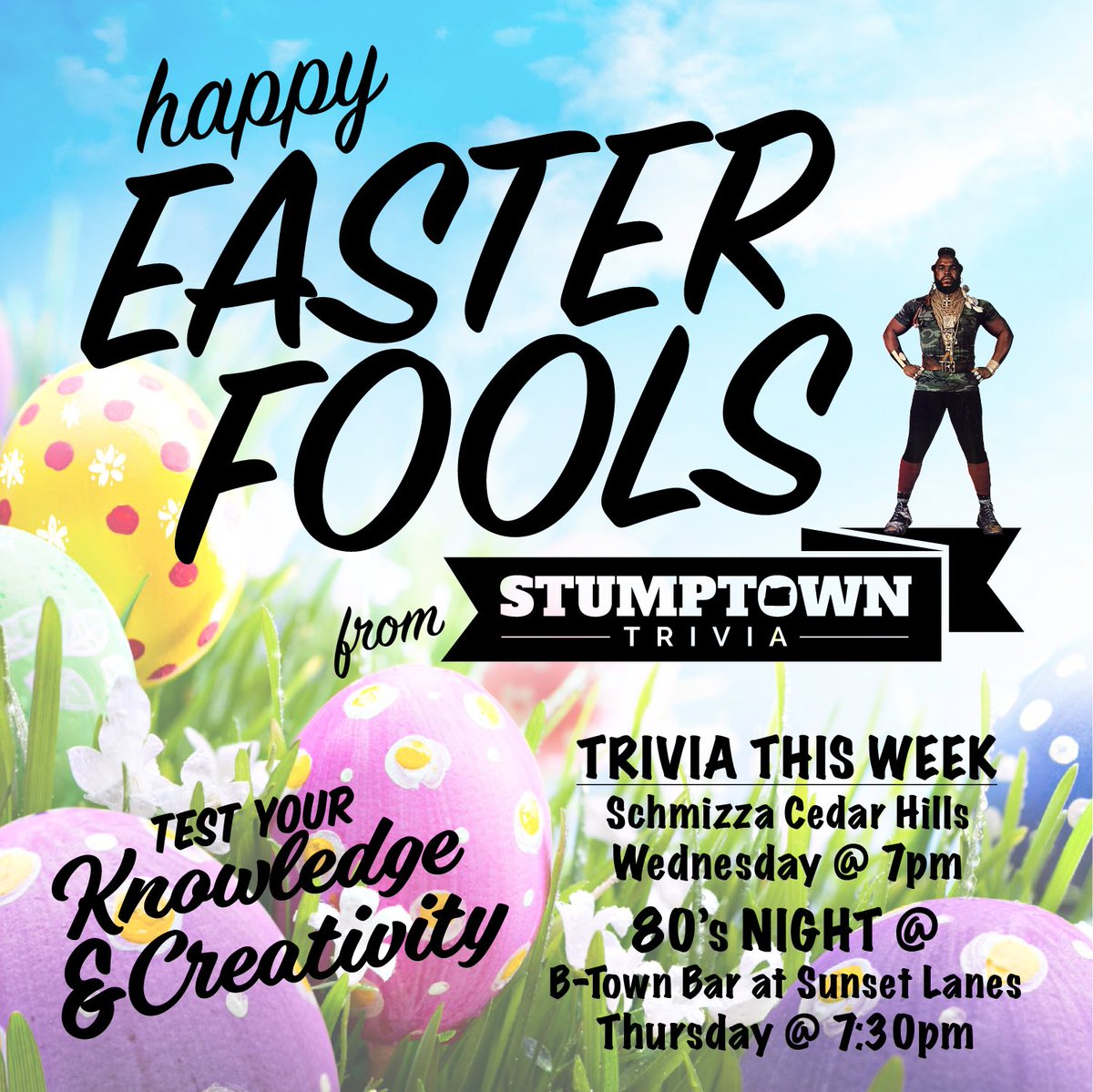 StumptownTrivia's tweet image. Happy Easter Fools from the Stumptown Trivia crew! Hope to see your beautiful face at trivia later this week! Cheers 🍻
#Portland #Trivia #EasterFools #AprilFools #Easter #PortlandTrivia #PDXTrivia #PDX #StumptownTrivia #Beaverton #CedarHills