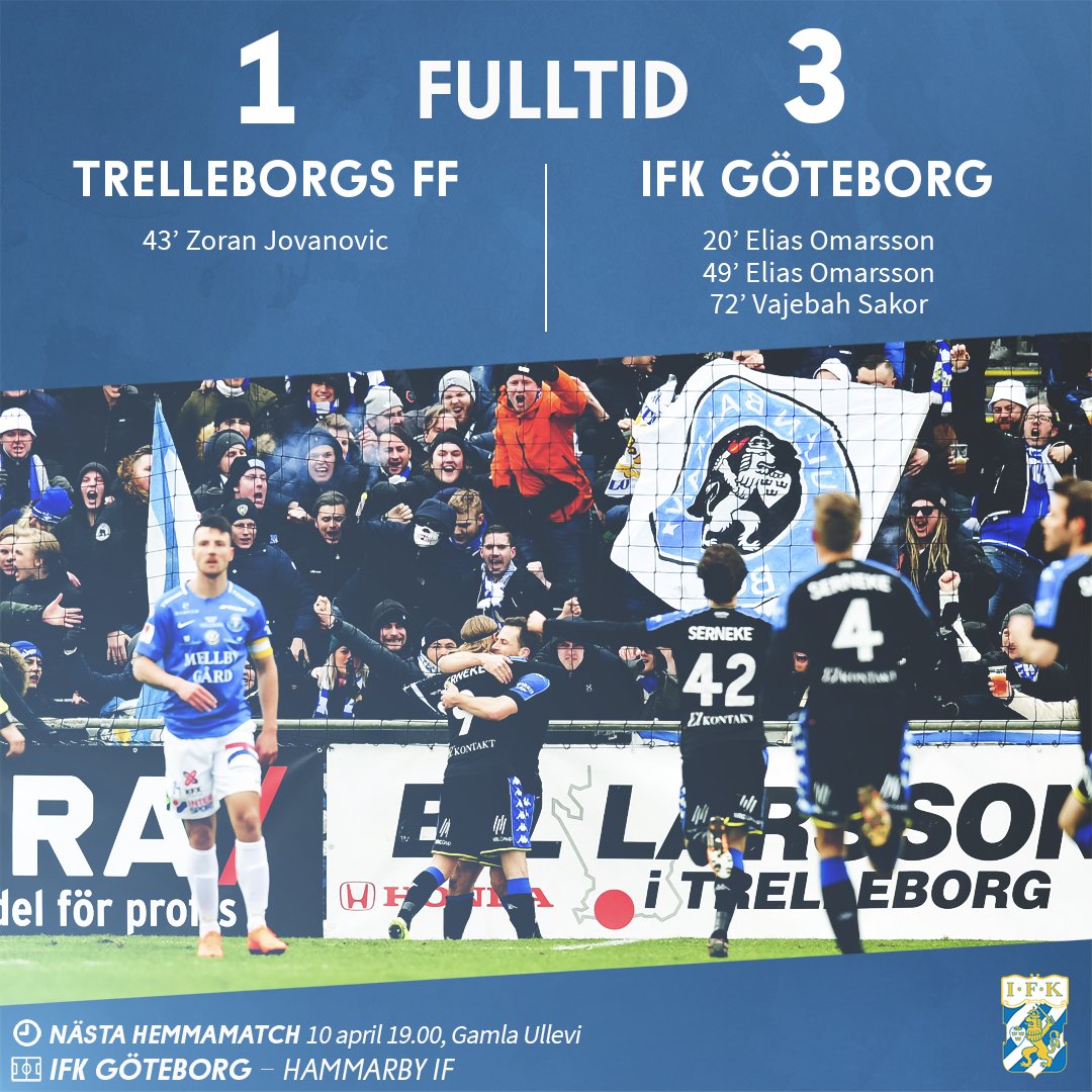 SLUT! Vilken skön premiär! Ett fantastiskt tryck från läktarhåll, snygga mål och tre poäng. Allsvenskan är igång! #ifkgbg #framåtkamrater