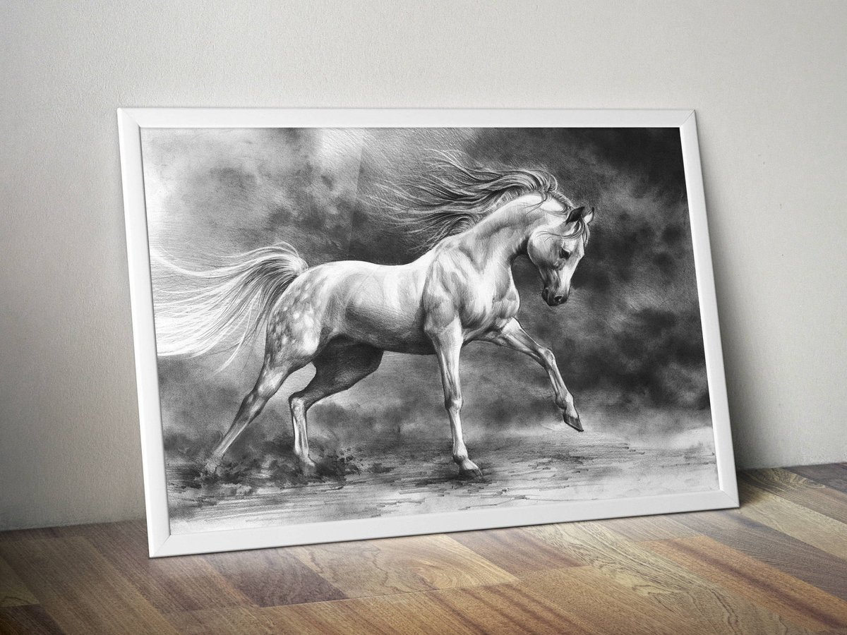 white horse art print - equine art print - running horse drawing print -  horse pencil drawing - realistic animal drawing - black and white  https://t.co/OAwAYeSY1j #prints #artonetsy #print #artprints #artprint  #etsyseller #, image size:1200x900