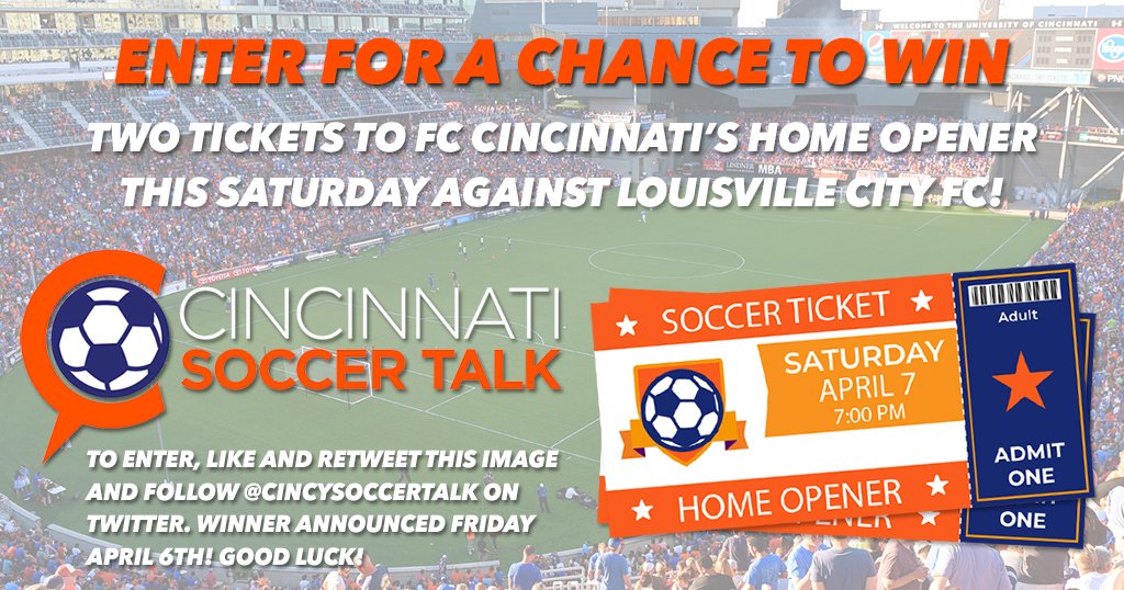 cincysoccertalk's tweet photo. Hey @fccincinnati fans! We're giving away two match tickets to this Saturday's home opener against Louisville! (Don't worry LOU fans CST bought them). RT and Like this to enter! We'll pick the winner on Friday! #jointhemarch https://t.co/P91L0QZyyX