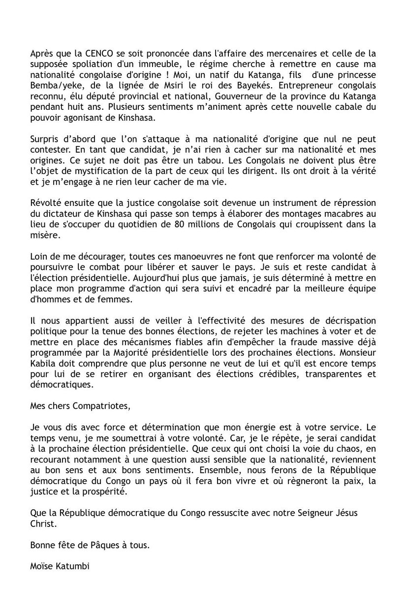 moise_katumbi's tweet photo. Joyeuse fête de Pâques ! Mes pensées à ceux qui souffrent de la violence & de la misère.
Retrouvez ci-dessous mon message au peuple congolais & ma réponse à ceux qui tentent de nous distraire avec des calomnies...mais ne font que renforcer ma détermination à sauver la #RDC ! https://t.co/wKI9HDMD9O