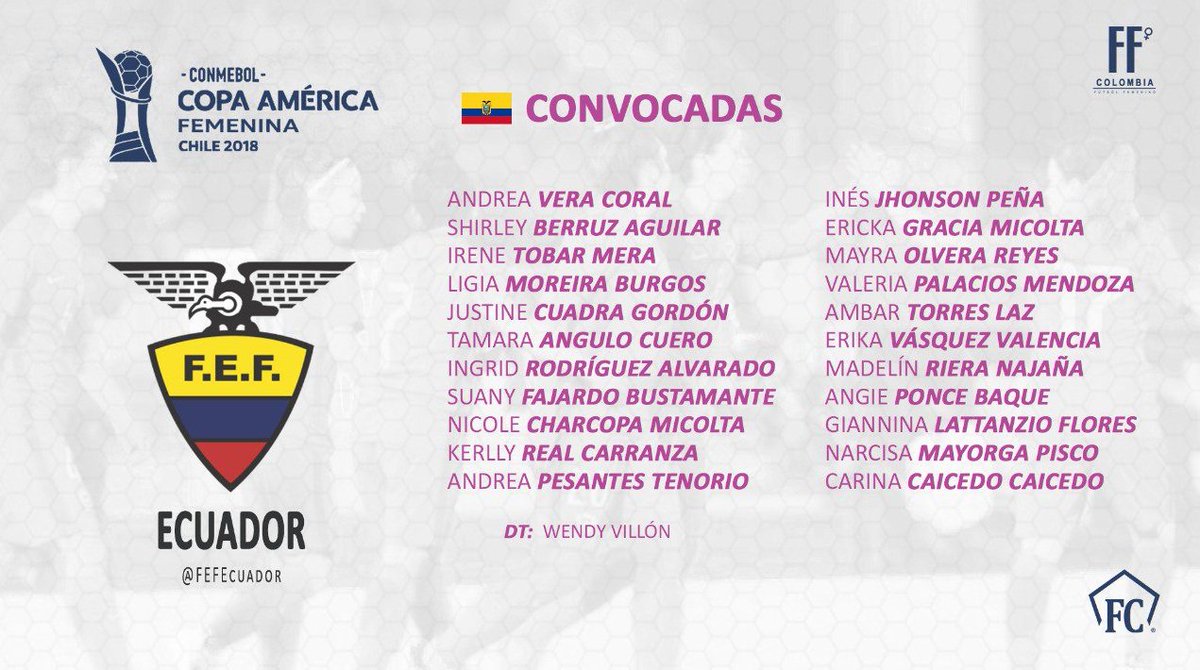 tele3ec's tweet photo. Ya se encuentra en Chile la Selección Femenina, para participar en la #CopaAmericaFemenina (@CAFemChile2018), Ecuador es parte del grupo B junto a Brasil, Argentina, Venezuela y Bolivia. ¡Éxitos a todas!. #GolSports 

🇪🇨⚽️ Lista de las convocadas: 👇🏻 https://t.co/tltjUZhfHp