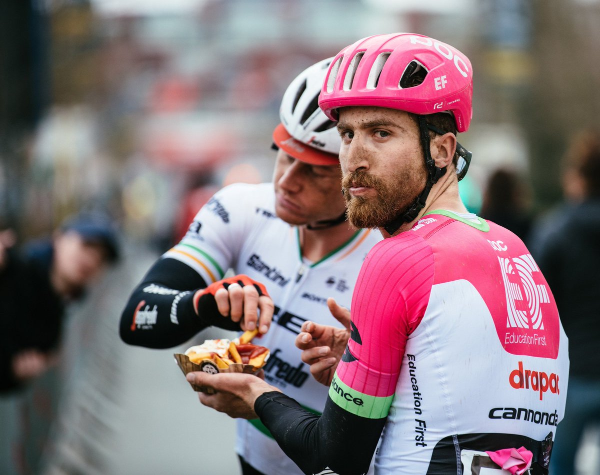 AthleteClinic's tweet photo. Our favourite picture from @RondeVlaanderen today. @taylorphinney @ryanmullen9 feeling like ye ha e just smoked and big dooooobie lads???? #munchiesafter250km https://t.co/ZlrQqlmlB2