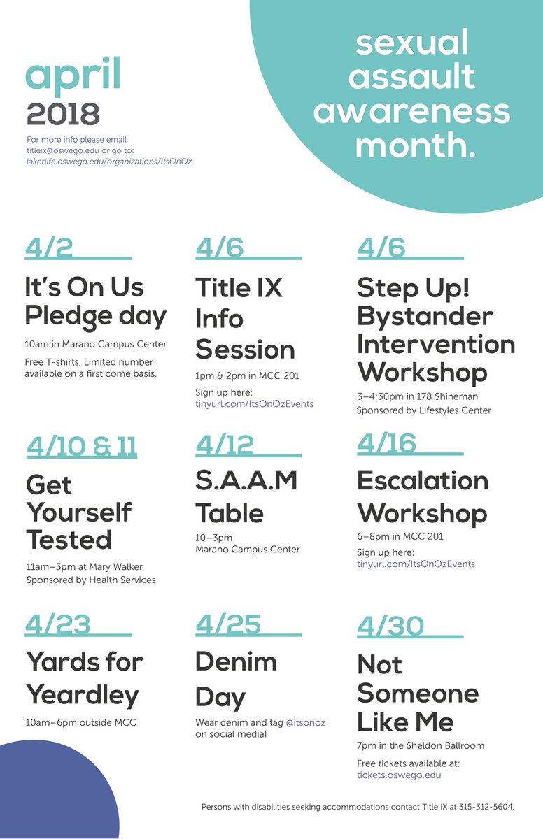 ItsOnOz's tweet image. April is Sexual Assault Awareness Month. We hope to see you at our events sponsored by @ItsOnOz, @LSC_Oswego, @OswegoTheatre and more! For more info email titleix@oswego.edu or log into lakerlife.oswego.edu