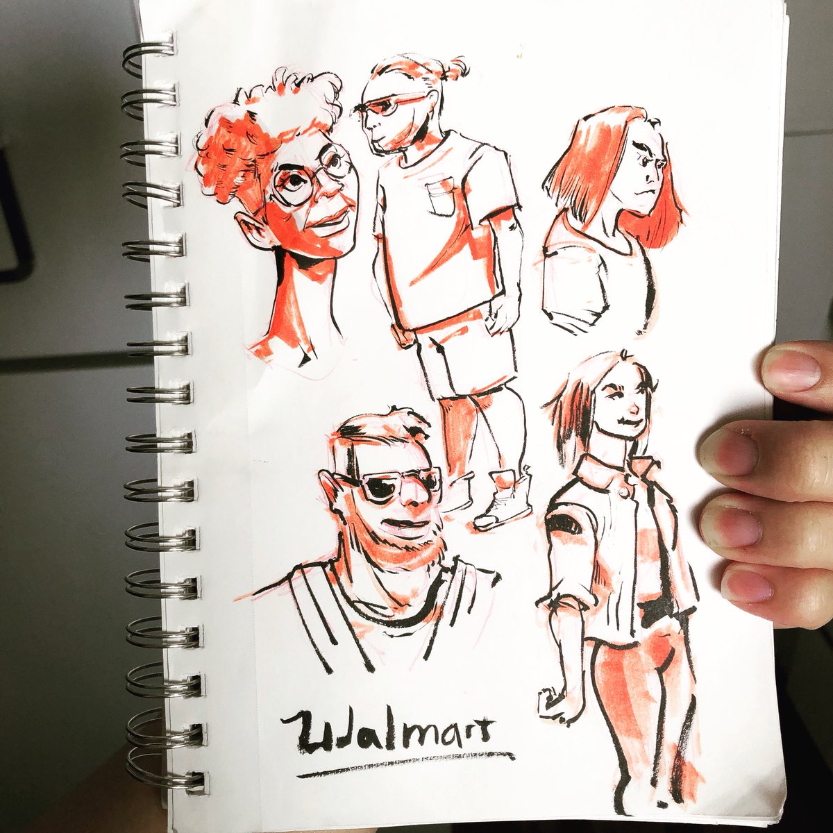 Zhinse's tweet image. Inked a couple of doodles of characters walking around the Walmart parking lot. 

#etchr #sketchbook #art #sketch #people