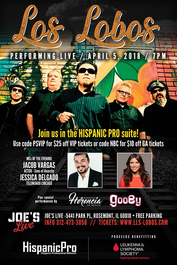 hispanicpro's tweet photo. This Thursday! Join The Leukemia &amp; Lymphoma Society of IL for a night of live music and philanthropy featuring @LosLobosBand @JoesRosemont https://t.co/0INO3aLpxK #Chicago #give #rock #cumbia @LLS_IL https://t.co/3zhwG0eedz