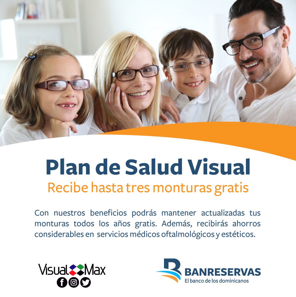 BanreservasRD's tweet photo. ¡Cuida tu vista! Solicita nuestro #beneficioBR Visual Max en tu #TarjetaBR de Crédito, un seguro oftalmológico con un costo mínimo mensual. Llámanos al 809.960.2121 y desde el interior sin cargos al 1.809.200.2131. #ElBancodelosDominicanos #ClientesBR #VisualMax #beneficiosBR https://t.co/URkHrDt6Pk