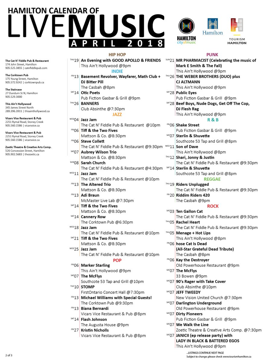 HamOntMusic's tweet photo. Which shows are you looking forward to in April? Use this list to explore new artists, venues &amp; genres across #HamOnt. Check the calendar @TourismHamilton as new events are listed throughout the month. You can also submit events: music@hamilton.ca https://t.co/By3uZZvxnb
