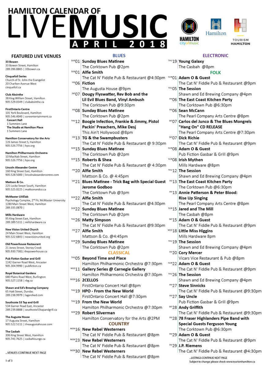HamOntMusic's tweet photo. Which shows are you looking forward to in April? Use this list to explore new artists, venues &amp; genres across #HamOnt. Check the calendar @TourismHamilton as new events are listed throughout the month. You can also submit events: music@hamilton.ca https://t.co/By3uZZvxnb