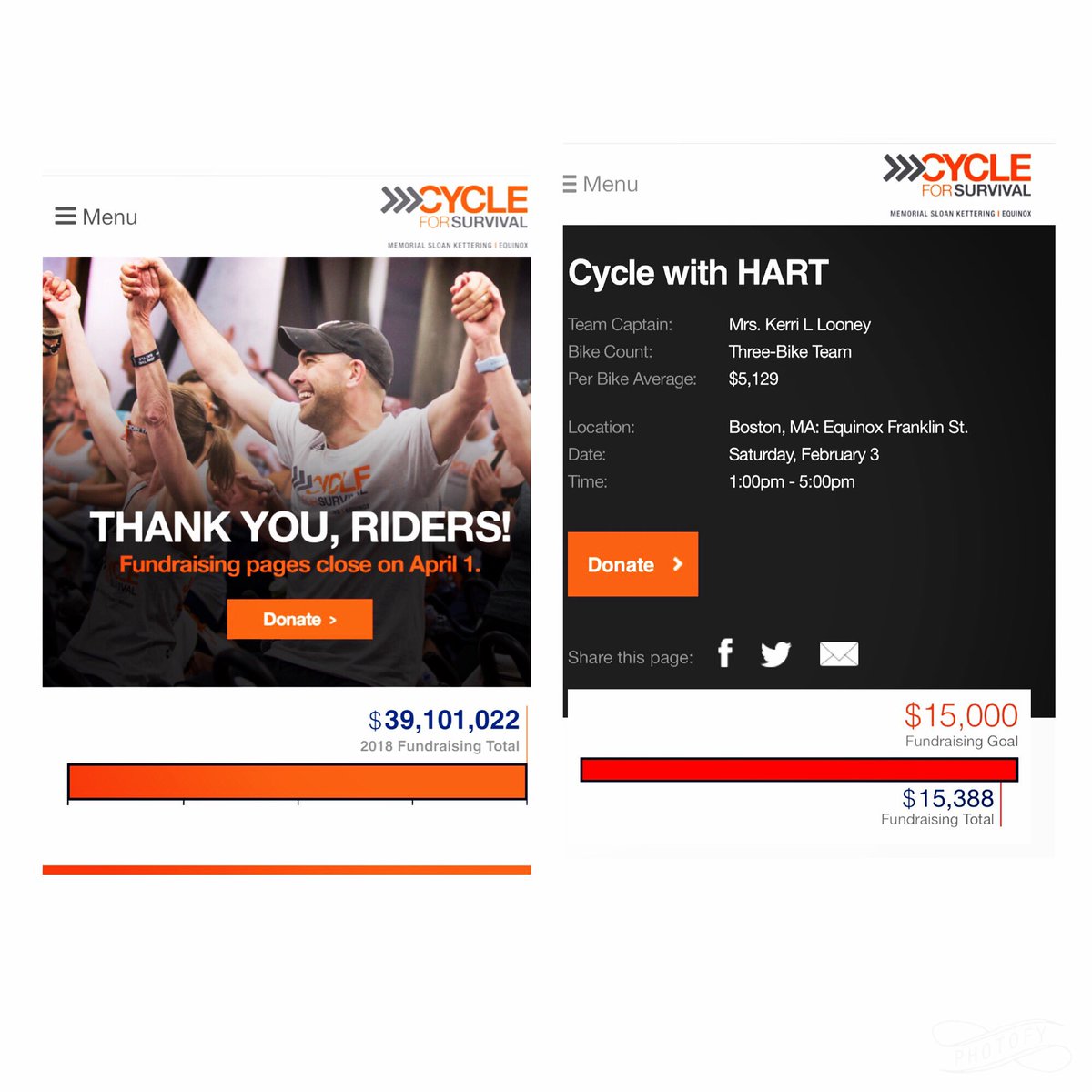 Jillie134's tweet photo. Today was the last day for 2018 Donations to Cycle for Survival. Cycle With Hart raised over 15k this year!Nation Wide we raised just over 39 million for Cancer Research!! Thank you again for your generous donations and helping us fight Cancer!! #jointhebattle 🧡 #CycleWithHart https://t.co/0pcCD9PJ0W