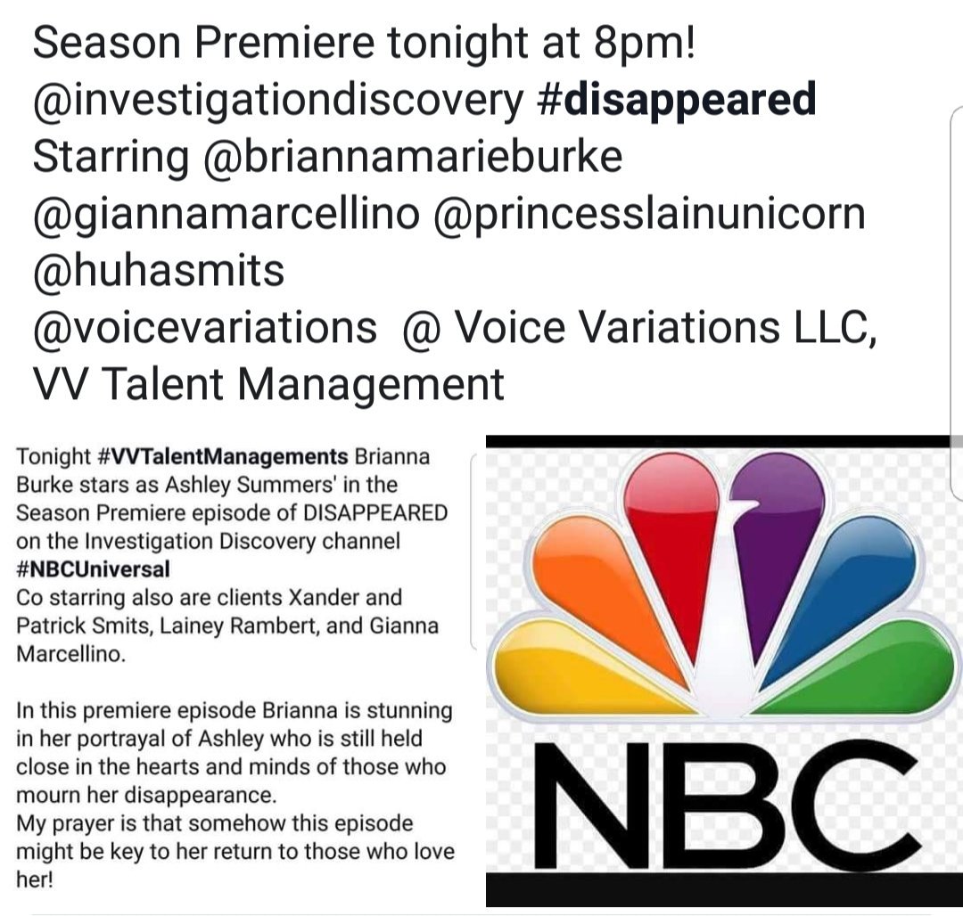 voicevariations's tweet photo. Privileged to have cast the Season Premiere Episode of @DiscoveryID #Disappeared tonight starring so many of our #VVTM clients! Thank you @nbc
@NBCUniversal #casting #talentmanagement https://t.co/dHkWuvOAuO