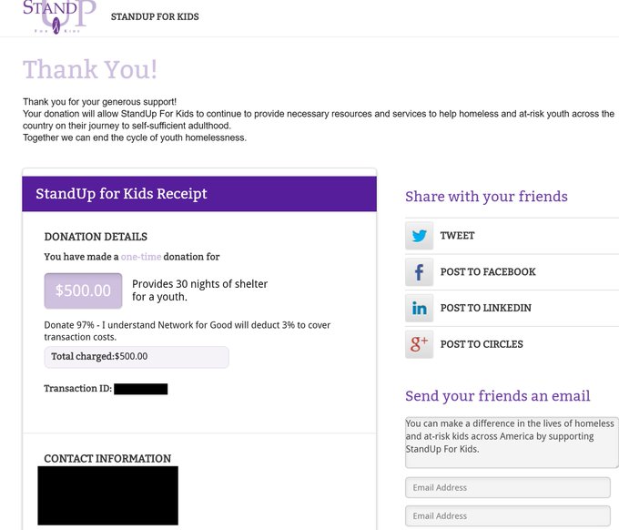 TODAY we raised $600 for 3 great charities!! $500- StandUp For Kids - Helping homeless kids; $100 - Ocean