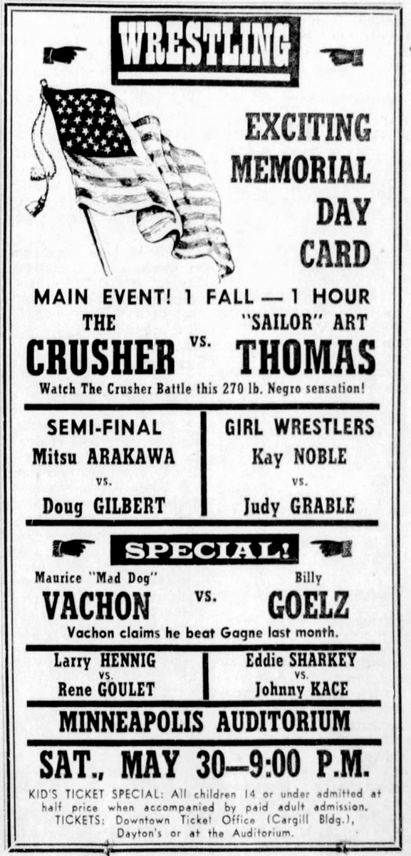 oldnews's tweet photo. On a flight from Kauai to Phoenix last week, my wife enjoyed a marvelous chat with Kathie Jo Vachon, "Mad Dog" Vachon's widow. Here's one of the earliest references to Mad Dog in the Minneapolis Tribune (May 29, 1964). P.S. He pinned Billy Goelz. https://t.co/y5pbTX87WK