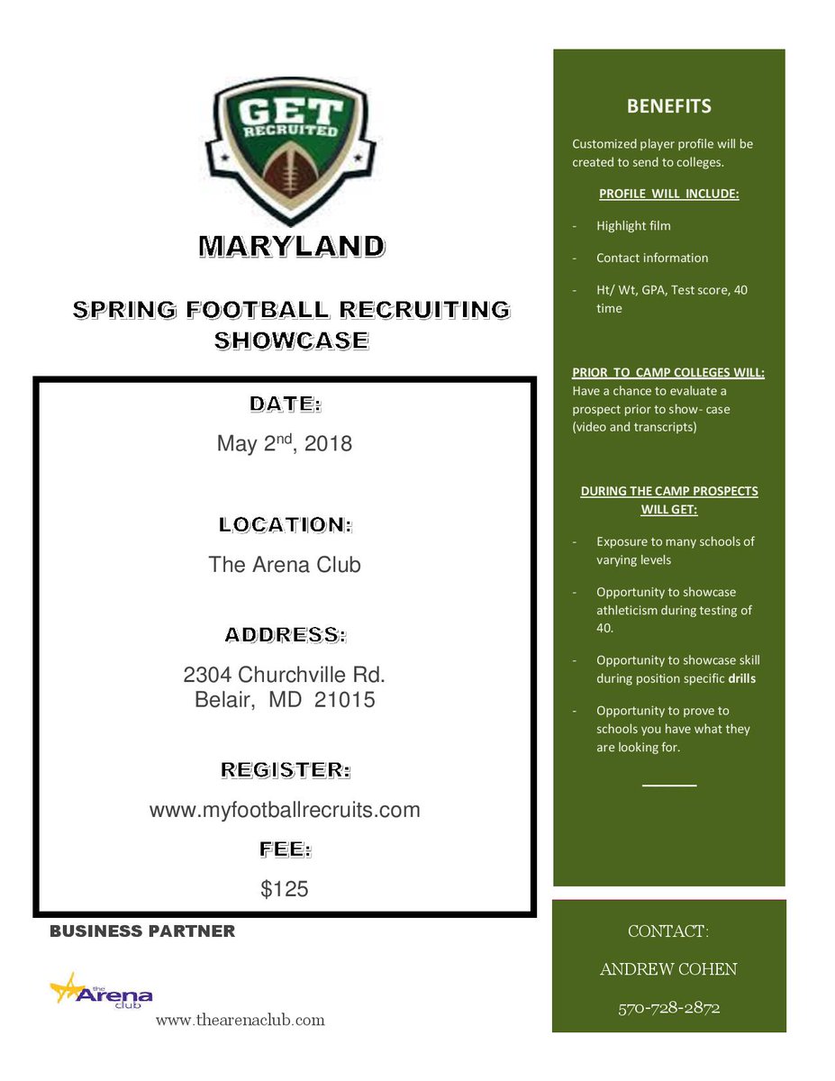 Best Recruiting Showcases around ! Signup and invite all colleges ! Last Showcase - 80 colleges attend.
May 2 -The Arena Club, Belair, MD.
May 10 - Hopewell Valley HS,NJ
May 14 - Coatesville HS, PA
Signup/Info. 
myfootballrecruits.com
<a href="/ScottLarkee/">Scott Larkee</a> 
<a href="/coach_dobes/">Don Dobes</a> 
<a href="/CoachBillPolin/">Bill Polin</a>