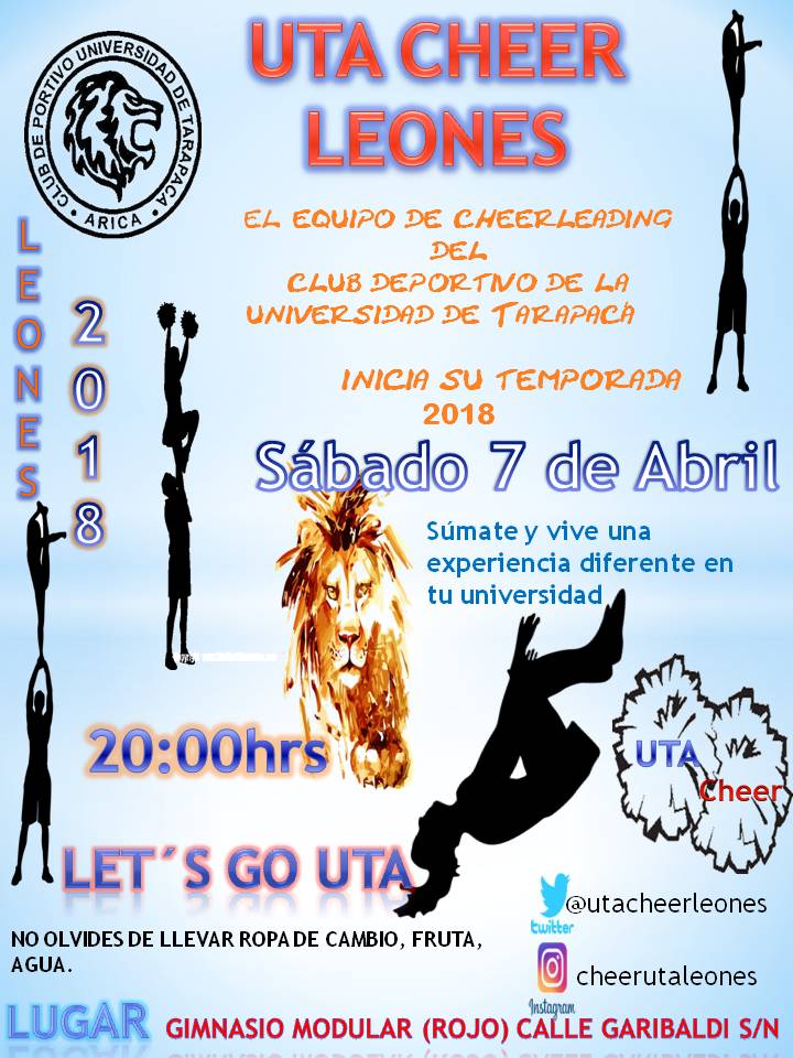 utacheerleones's tweet photo. Comienza nuestra cuenta regresiva #utacheerleones nuestro cuerpo tรฉcnico esta listo y tu? Sรบmate a nuestro deporte y vive una experiencia distianta #uta #utacheer #arica #utacheerarica #unnuevocomiezo #UnNuevoRugir #aricayparinacota #leonescheerarica #utacheer https://t.co/KlyBCZZSjy