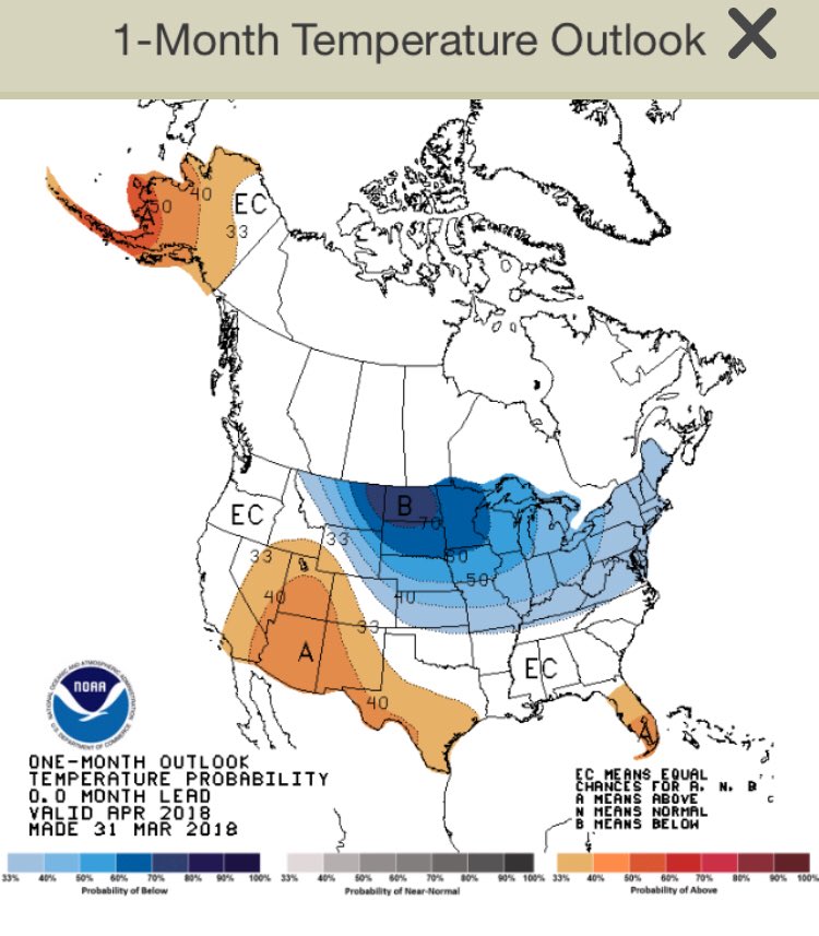 tylerw_ag's tweet photo. One month outlook for April shows current pattern to dominate the monthly average temps and precip. Expect another couple weeks of generally cool temps. #AgriToolsApp #NEwx https://t.co/eIHurEazgR