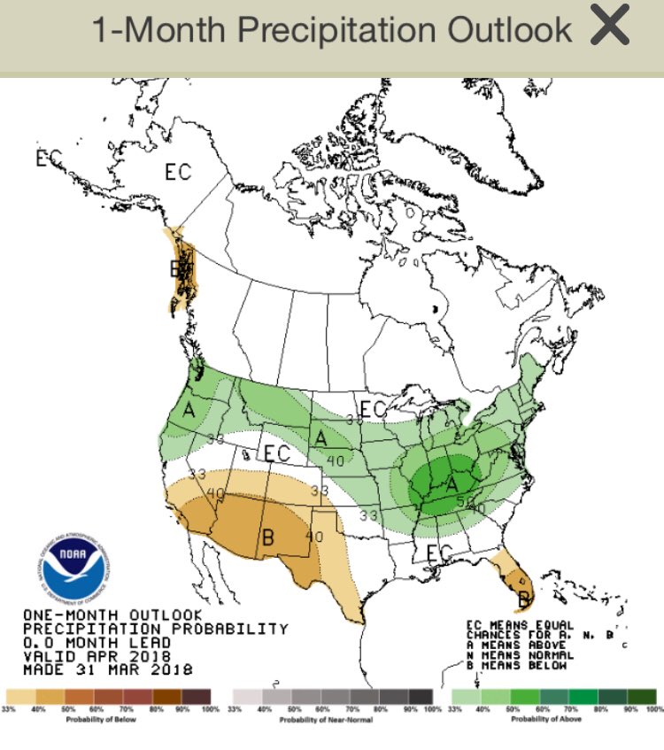 tylerw_ag's tweet photo. One month outlook for April shows current pattern to dominate the monthly average temps and precip. Expect another couple weeks of generally cool temps. #AgriToolsApp #NEwx https://t.co/eIHurEazgR