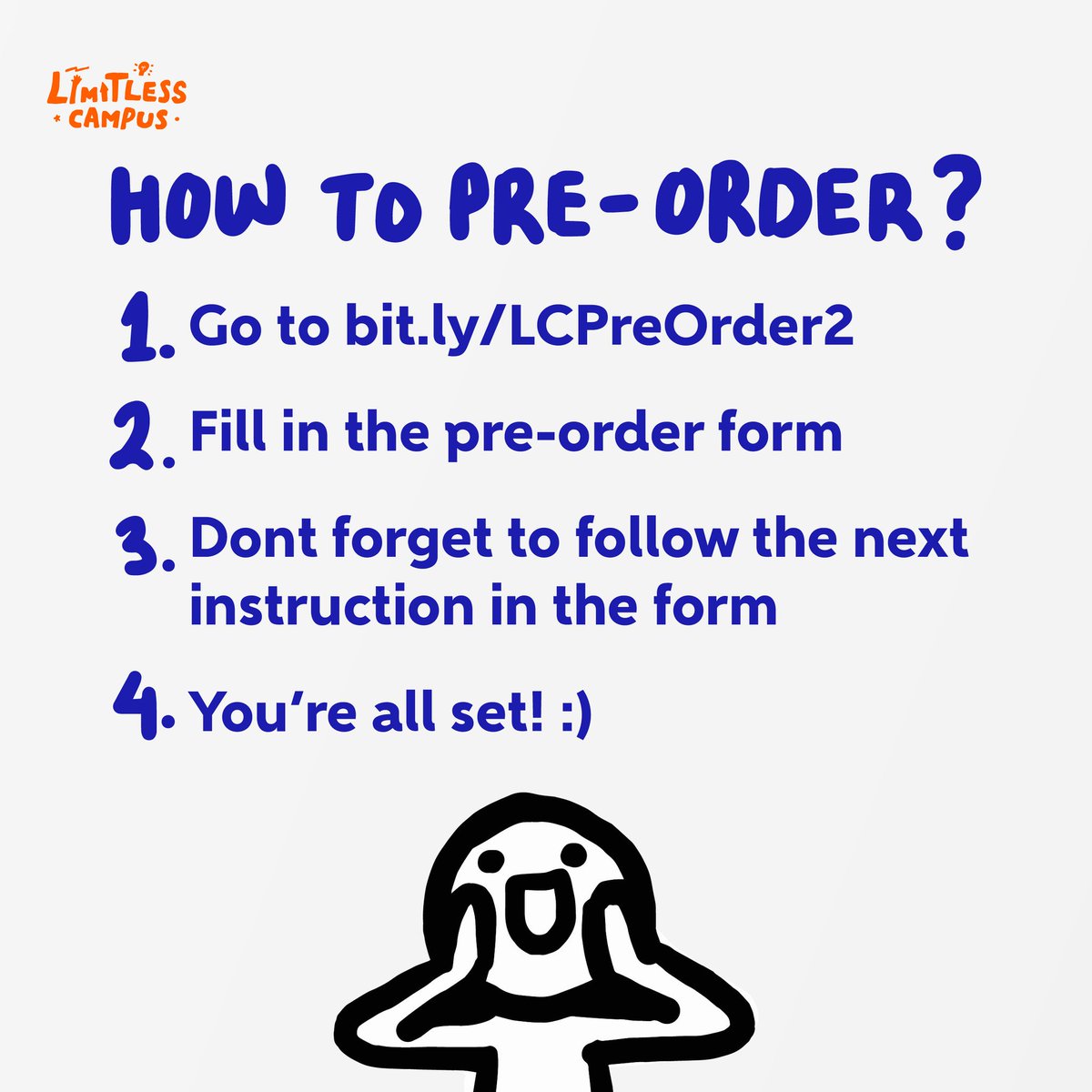 Halo!

Masih ada waktu buat pre-order Limitless Campus t-shirt hingga 5 April 2018!

Cek caranya disini 👇