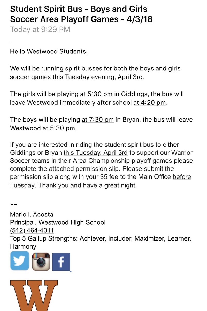 WWarriorNation's tweet photo. Soccer Spirit bus! Westwood students come support your Warrior soccer teams this Tuesday, April 3rd. See information below. https://t.co/MqGTaEPQQF