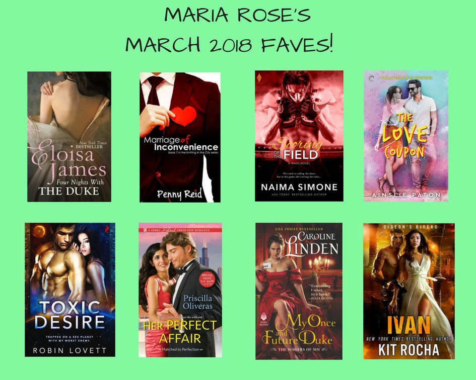 I read some awesome books in March, including these! @EloisaJames @ReidRomance @Naima_Simone @AinsliePaton @LovettRomance @PrisOliveras @Caro_Linden @KitRocha #amreadingromance