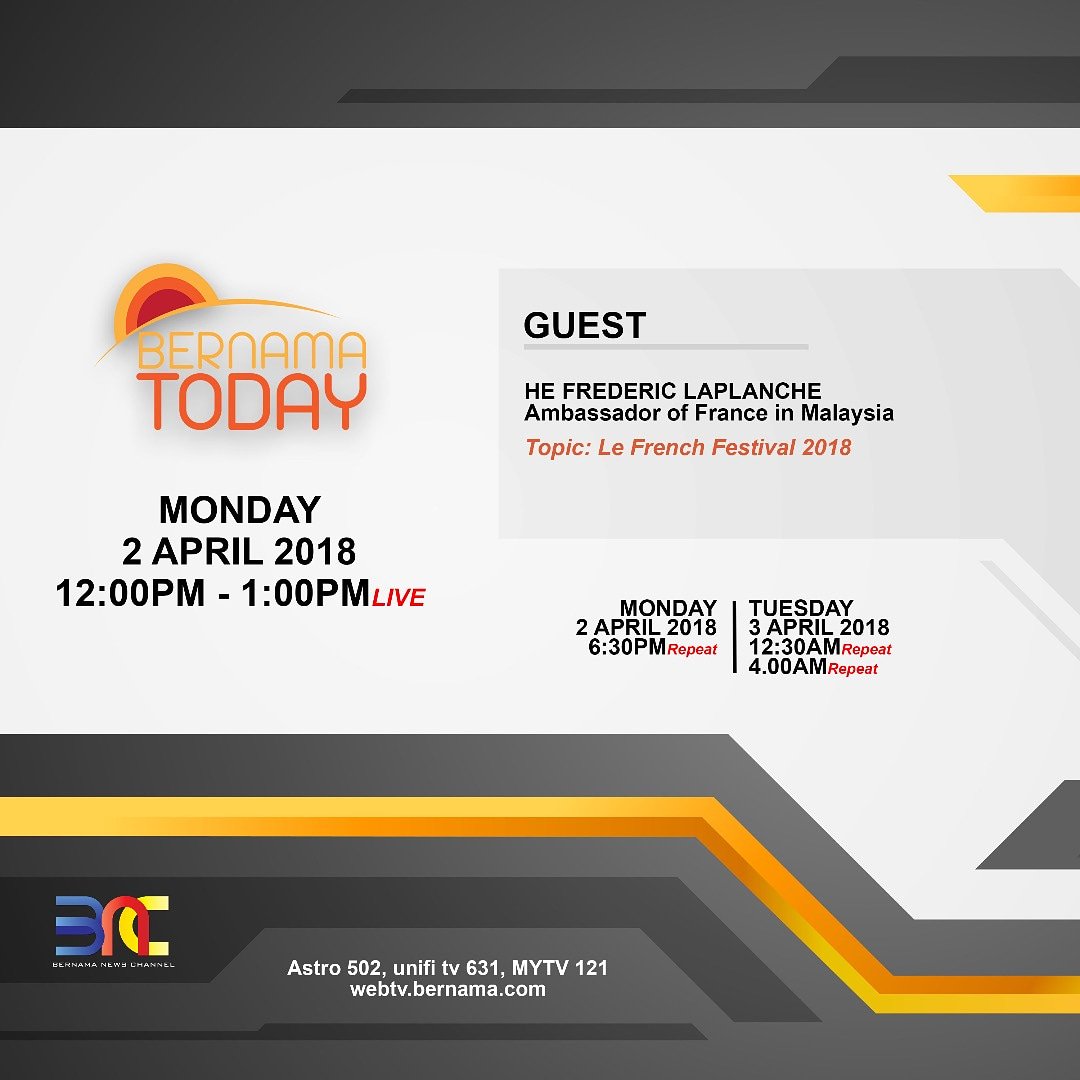 BernamaTV's tweet photo. Bernama Today

Time: 12.00PM-1.00PM

[Watch Bernama Today on ASTRO 502, unifi tv 631, MYTV 121 and https://t.co/APhPdLzk2n]

#BNC #BernamaNewsChannel #BernamaToday #lefrench https://t.co/FZSJ79QRrO