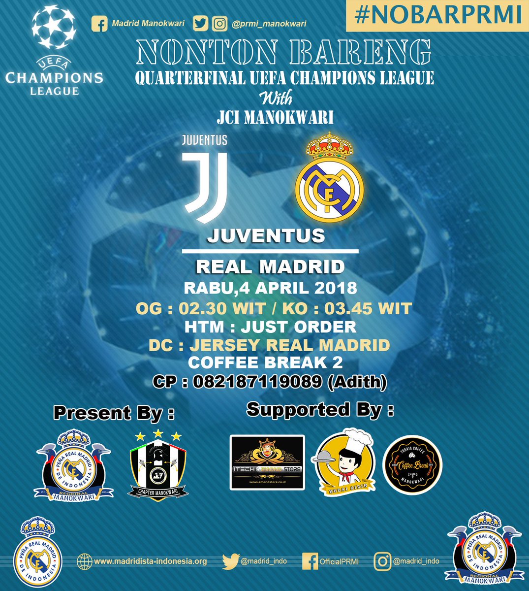 📺⚽🙌 
#NomadPRMI #UCL
Juventus vs Real Madrid 
with <a href="/PRMI_Manokwari/">prmi_Manokwari</a>
dan <a href="/JCI_Manokwari/">Jci_Manokwari</a>
📅 Rabu dinihari 4 April
🚪 Open gate 02:30 WIT
⏰ Kick-off 03:45 WIT
🏠 Coffee Break 2

#HalaMadrid #VamosPRMI

Cc: <a href="/Madrid_Indo/">Peña Real Madrid de Indonesia</a>