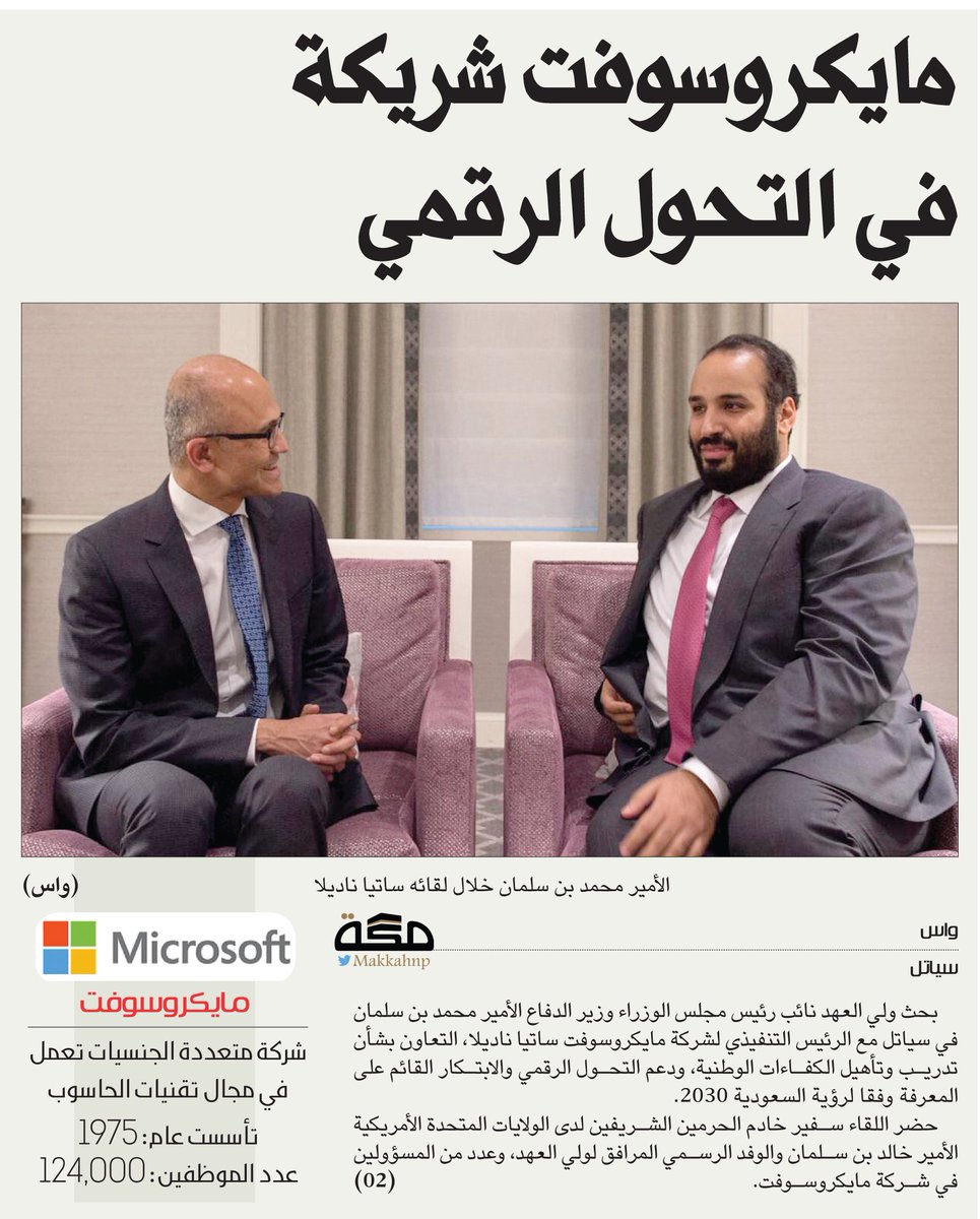 makkahnp's tweet photo. مايكروسوفت شريكة في التحول الرقمي
https://t.co/tZzIRKzqBZ
#محمد_بن_سلمان_في_سياتل
#CrownPrinceinSeattle
#صحيفة_مكة https://t.co/5UAex7unNF