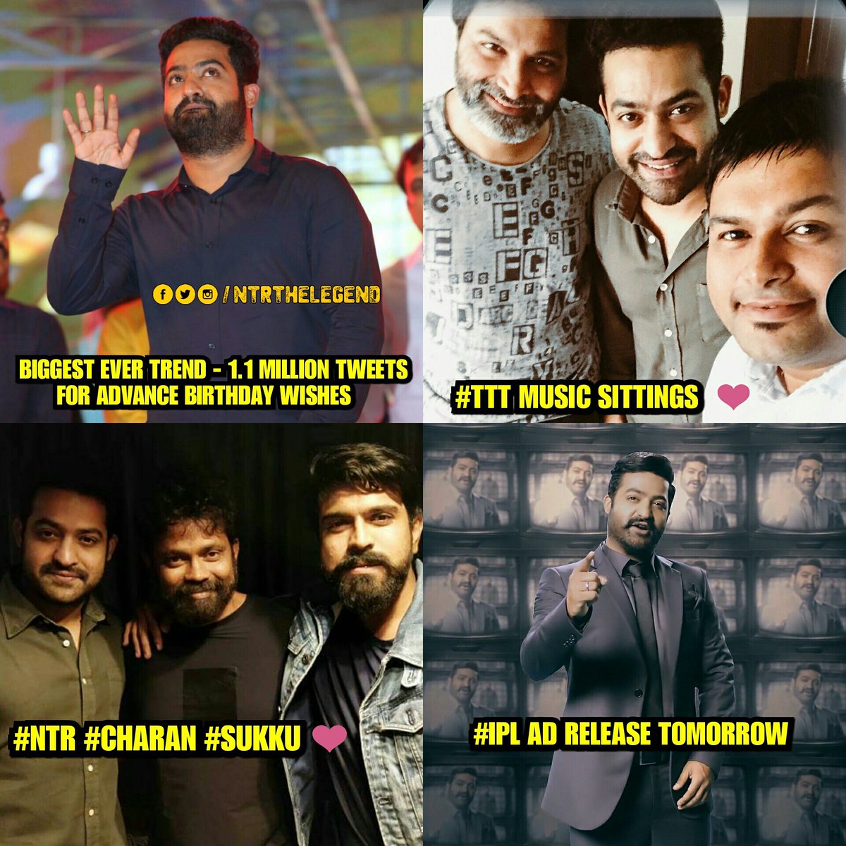 NTRTHELEGEND's tweet photo. Pandagey..Pandaga 
#NTR @tarak9999 fans ki 
#NTRAsIPLBrandAmbassador 
#MillionTweets 🤘
#TTT #NTRTweetsAboutRangasthalam 
#Rangasthalam #RamCharan 
#JrNTR @MusicThaman 
@Trivikram_Fans #IPL 
#IPL2018 
#IPLBrandAmbassador https://t.co/1LNneG5Bi9