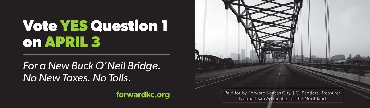 ForwardKC's tweet photo. ForwardKC says VOTE YES on Question 1. Continue neighborhood improvements, sidewalks and street repairs. Vote YES to build a NEW Buck O'Neil bridge with no bridge tolls and without closing the bridge for 2-years. #progressKC https://t.co/tcJ42xgoBV